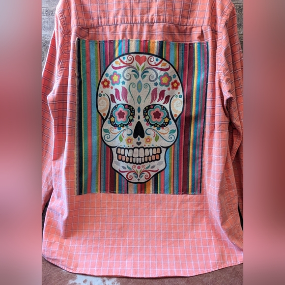 Upcycled Dip Dyed Bleached Button Down Shirt With Sugar Skull - Picture 4 of 13